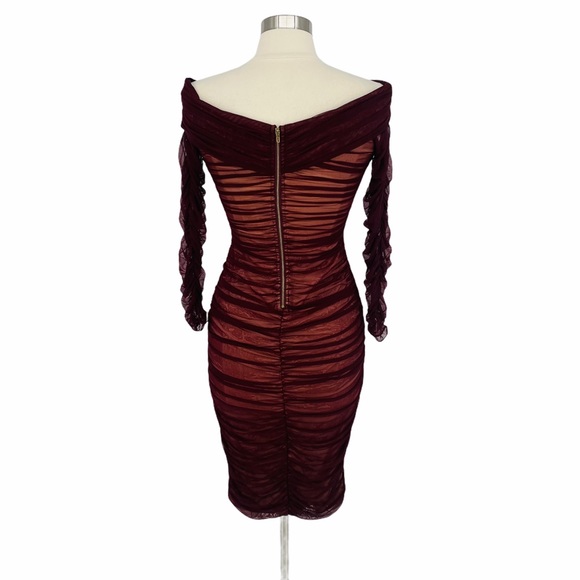 Ryse the Label Zuri-Mesh Cranberry Ruched Dress K3 - Picture 2 of 5